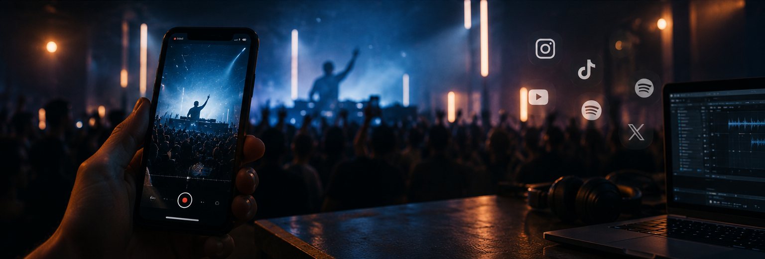 Smartphone filmant un DJ en club, avec les icônes des réseaux sociaux